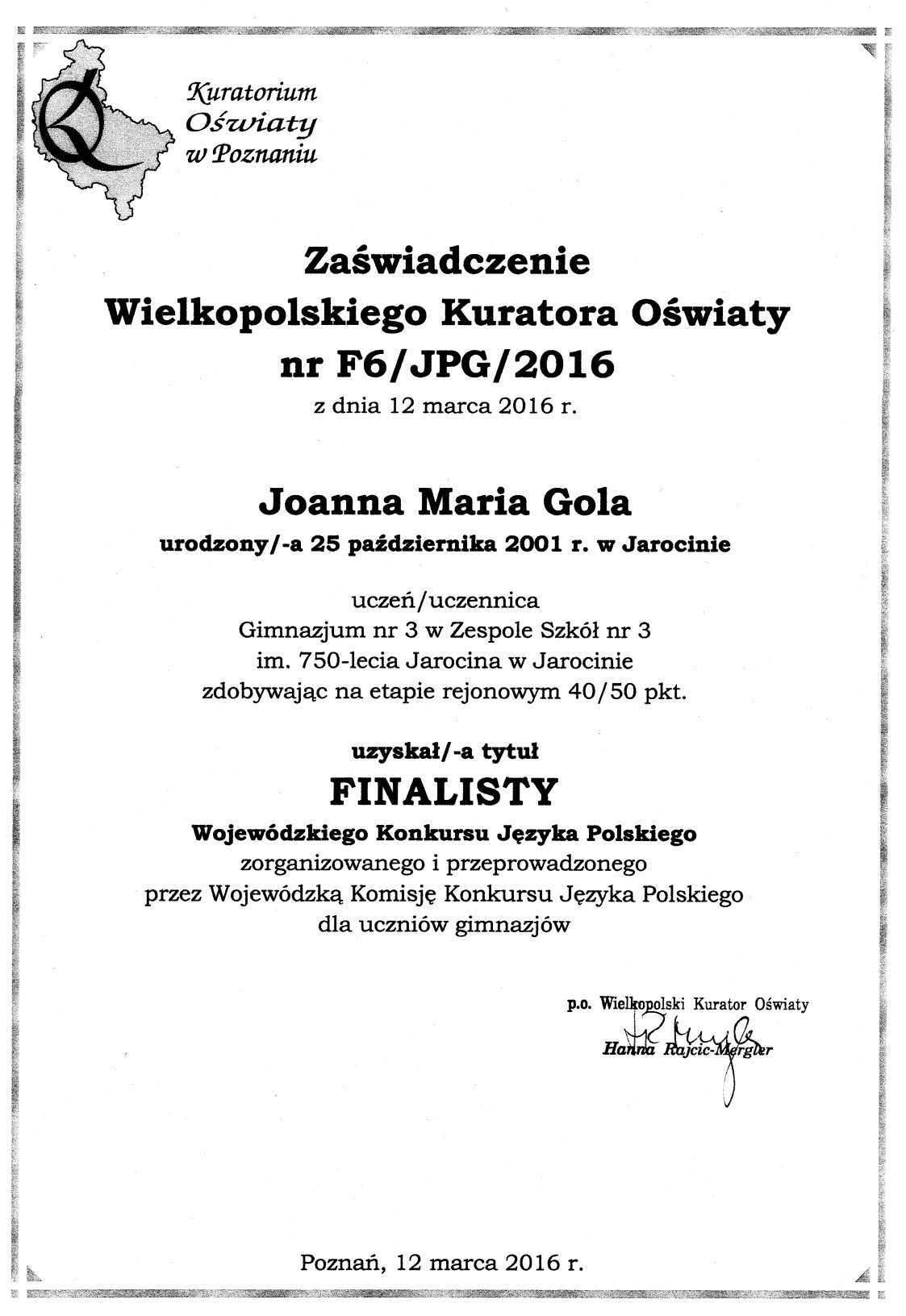 Zawiadczenia finalista Wojewdzkiego Konkursu Jzyka Polskiego