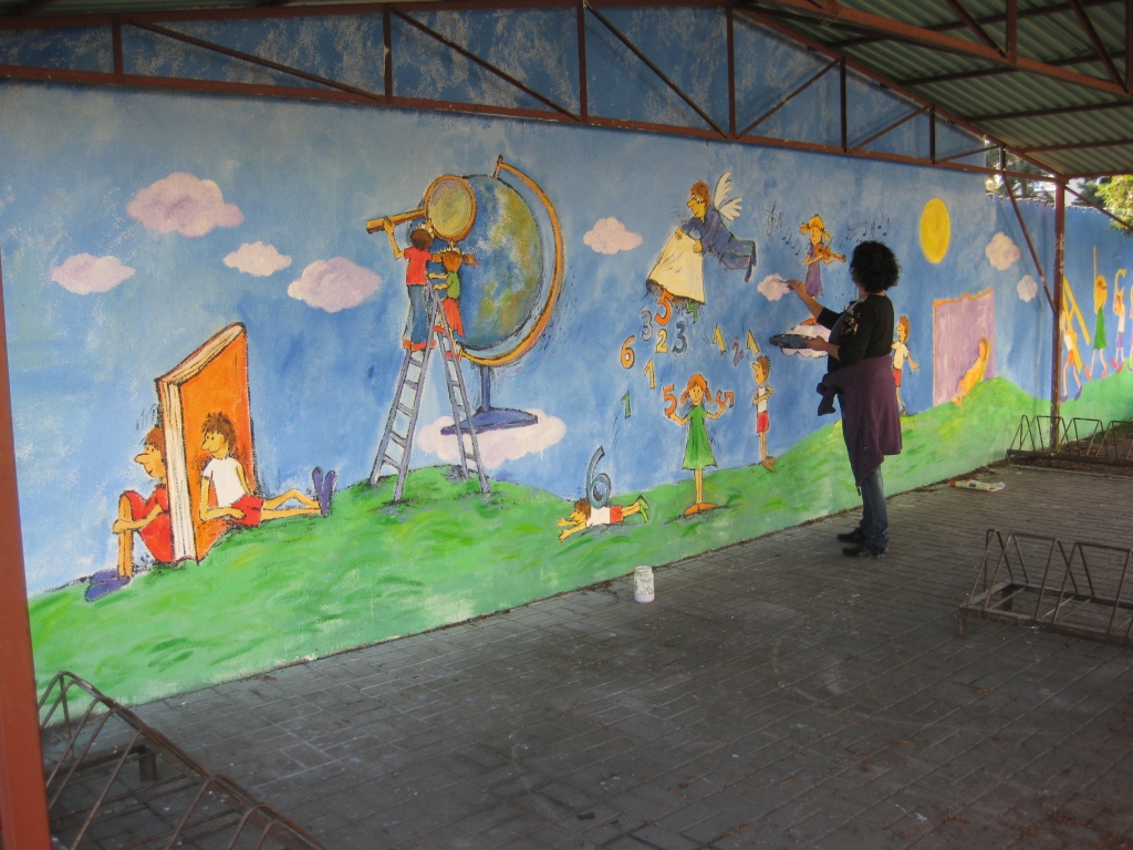 Mural pod wiat rowerow na dziedzicu szkolnym
