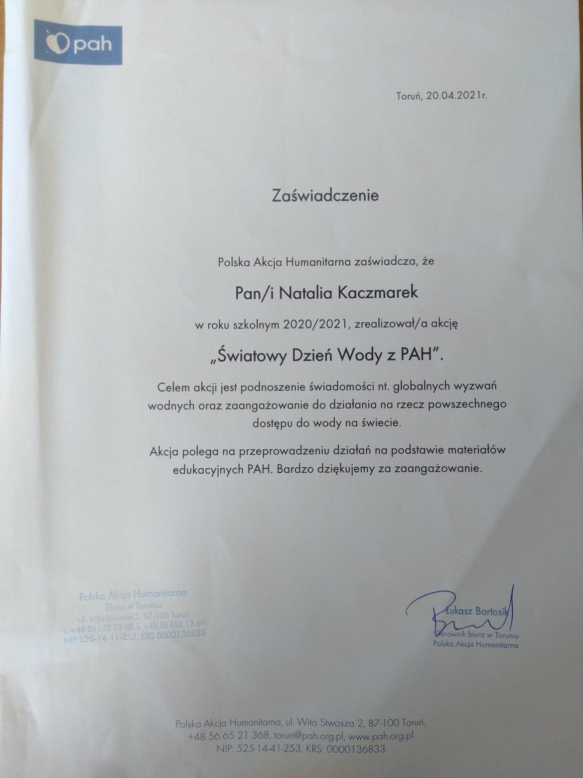 Dzie Wody 2021- zawiadczenie dla nauczyciela