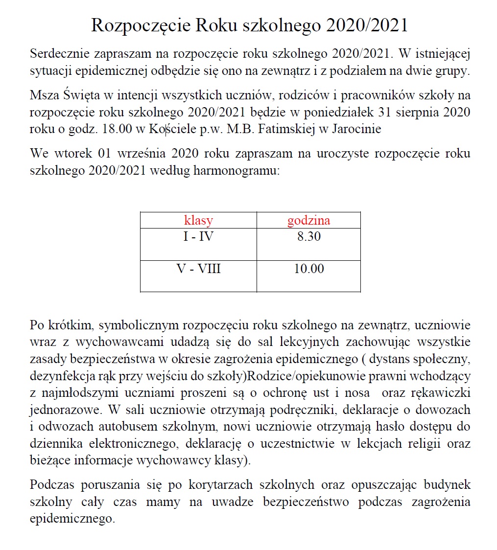 Informacje - Rozpoczcie Roku szkolnego 2020/2021