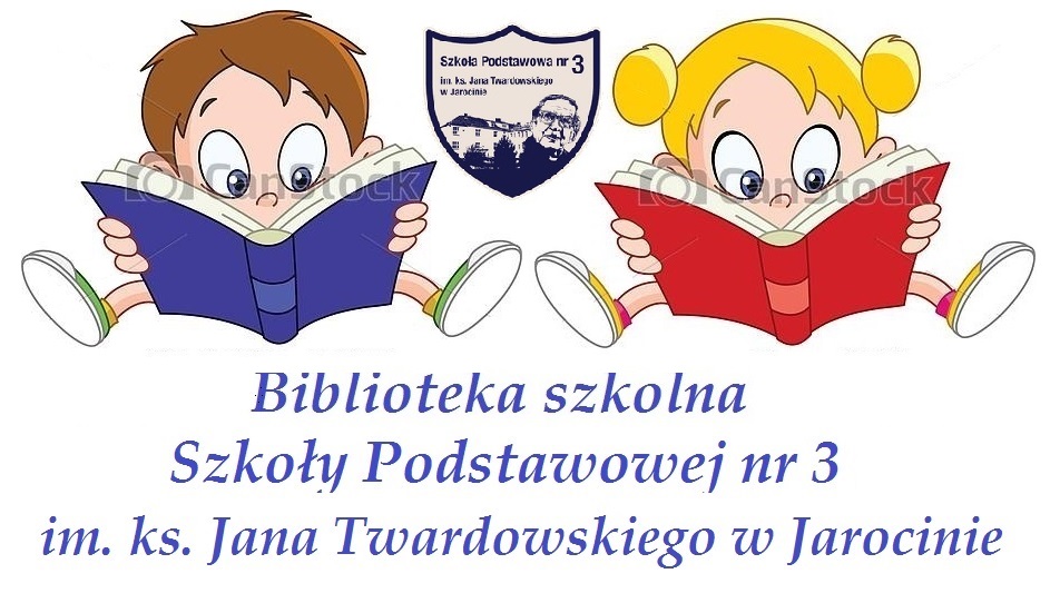 Logo bibliotekeki szkolnej  Szkoły Podstawowej nr 3 im. ks. Jana Twadowskiego w Jarocinie